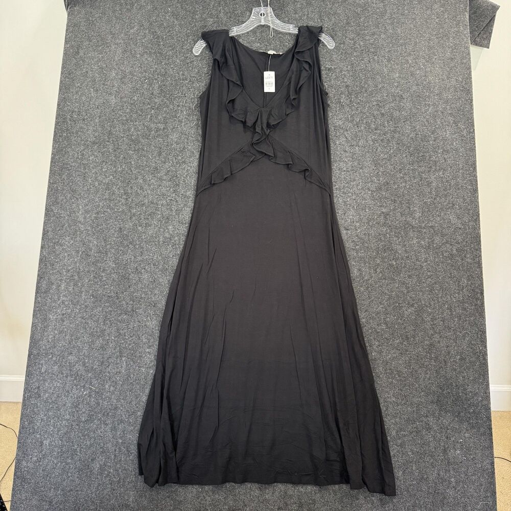 LOFT Dress Women's 8 Black Ruffle V Neck Sleeveless Maxi Jersey Stretch